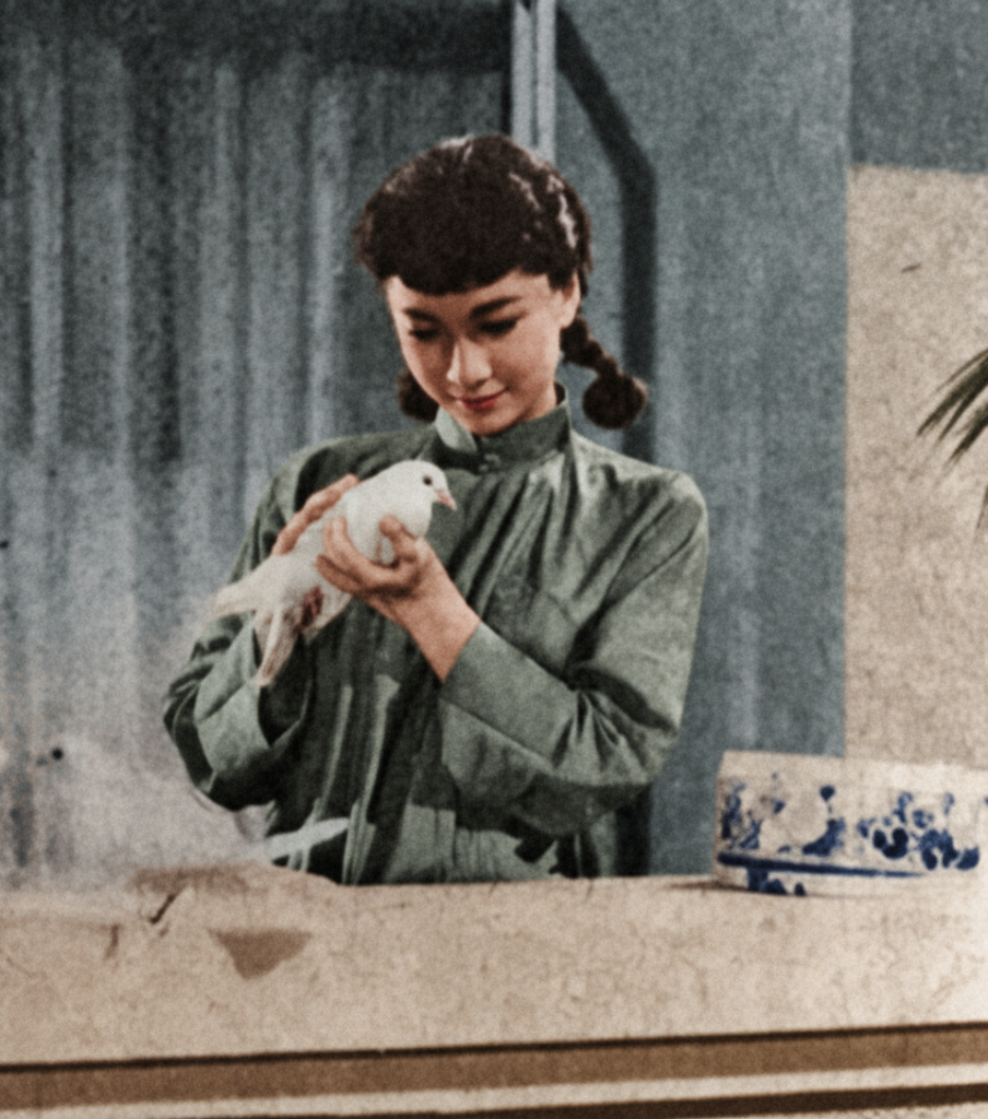 上色后的女孩与鸽子照片